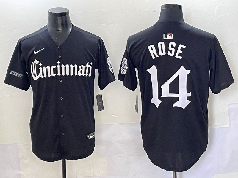 Men 2025 Cincinnati Reds #14 Rose Black Five generations Joint Name Nike MLB Jersey style 15